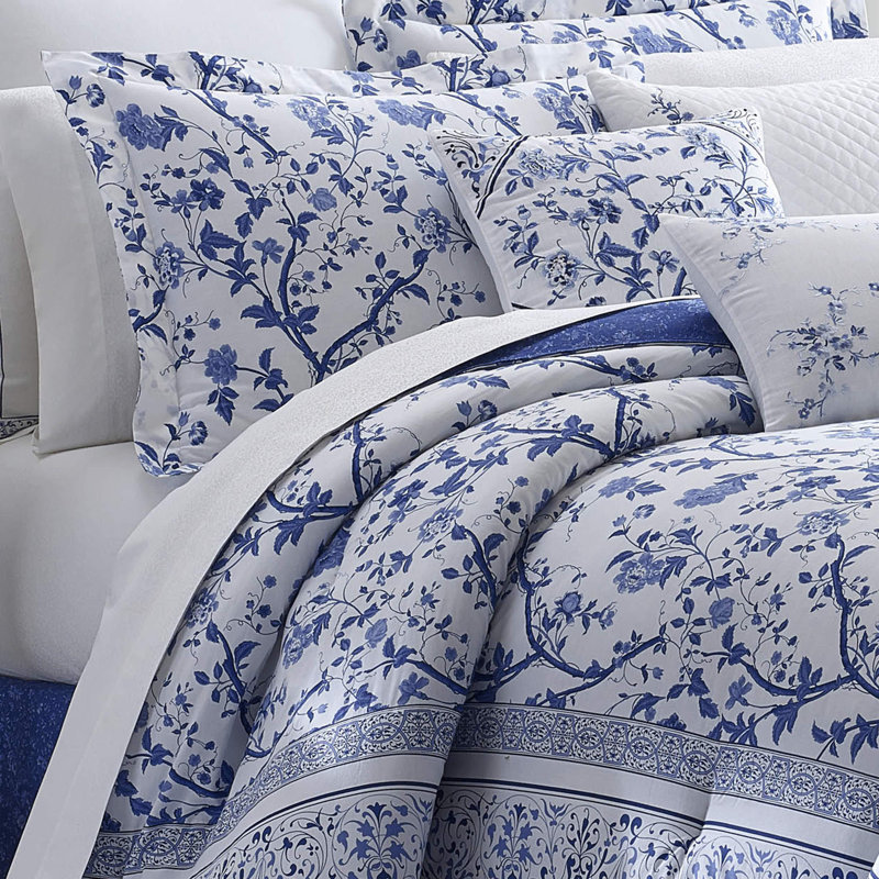 Charlotte Blue and White Cotton Floral Full/Queen Duvet Cover Set