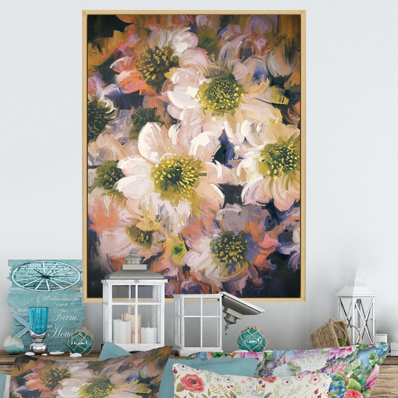 «Grunge Bouquet of White Flowers», reproduction sur toile, H 40 po x l 30 po, Cadre flottant brun