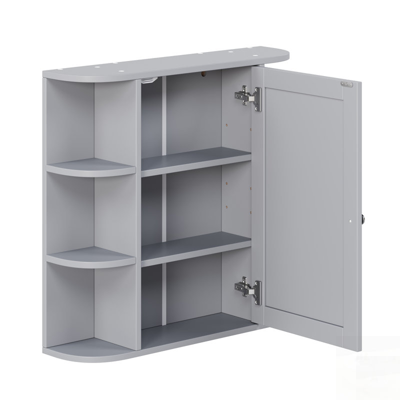 Armoire de rangement murale de salle de bain avec miroir, tablette en bois réglable, portes et 6 tablettes ouvertes, Grey