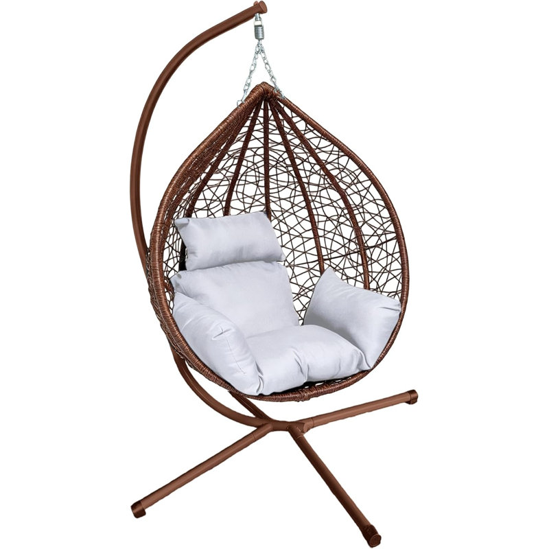 Garden Swing Egg Chair Seat Rattan Hanging Hammock With Cushions, White, Brown