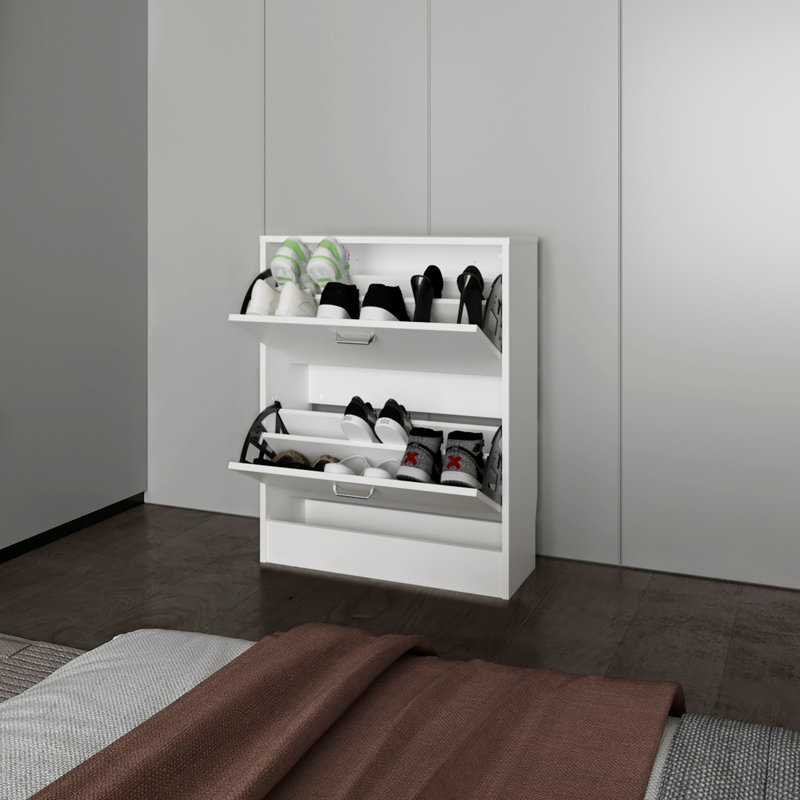 Armoire à chaussures Ozzy, 2 portes basculantes, conception mince, supports internes, style moderne, Blanc