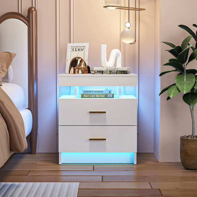 Table de chevet à DEL avec capteur de mouvement, table de chevet moderne avec éclairage à DEL à intensité variable 3 couleurs, mobilier de chambre à 2 tiroirs blanc ultrabrillant, table d'appoint compacte pour petits espaces