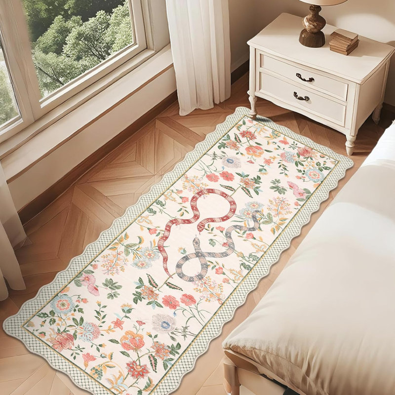 2x6 Kitchen Runner Rug – Soft Non-Shedding Low Pile Farmhouse Floral Carpet with Non-Slip Backing, Stain-Resistant Snake Print Bath Mat