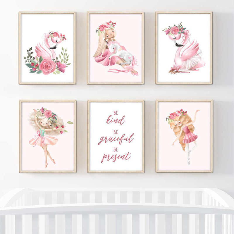 Delacerda «Be Kind, Be Graceful, Be Présent», ballerine florale, flamant rose, ensemble de 6 impressions sur papier