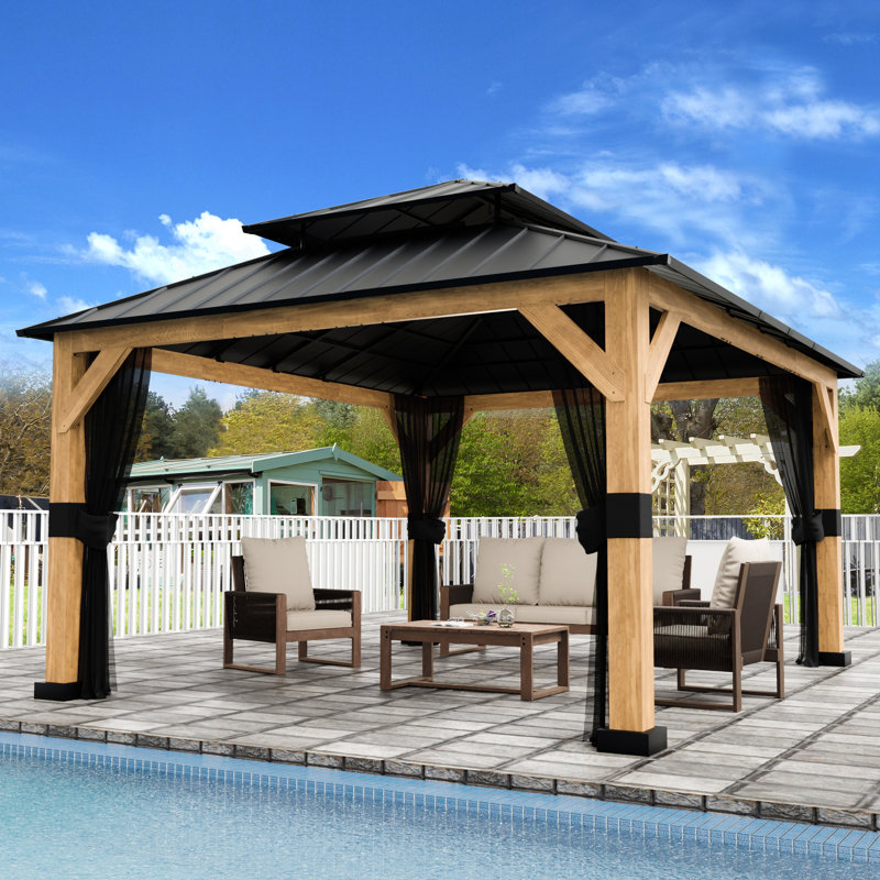13 Ft. W X 11 Ft. D Solid Wood Outdoor Hard Top Patio Gazebo With Mosquito Netting