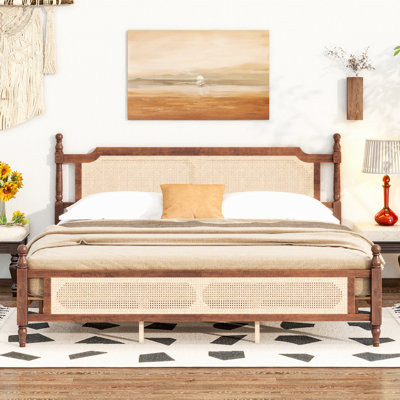 Pine Wooden Bed With Rattan Headboard  And Footboard, With  Central Enhanced Bed Platform