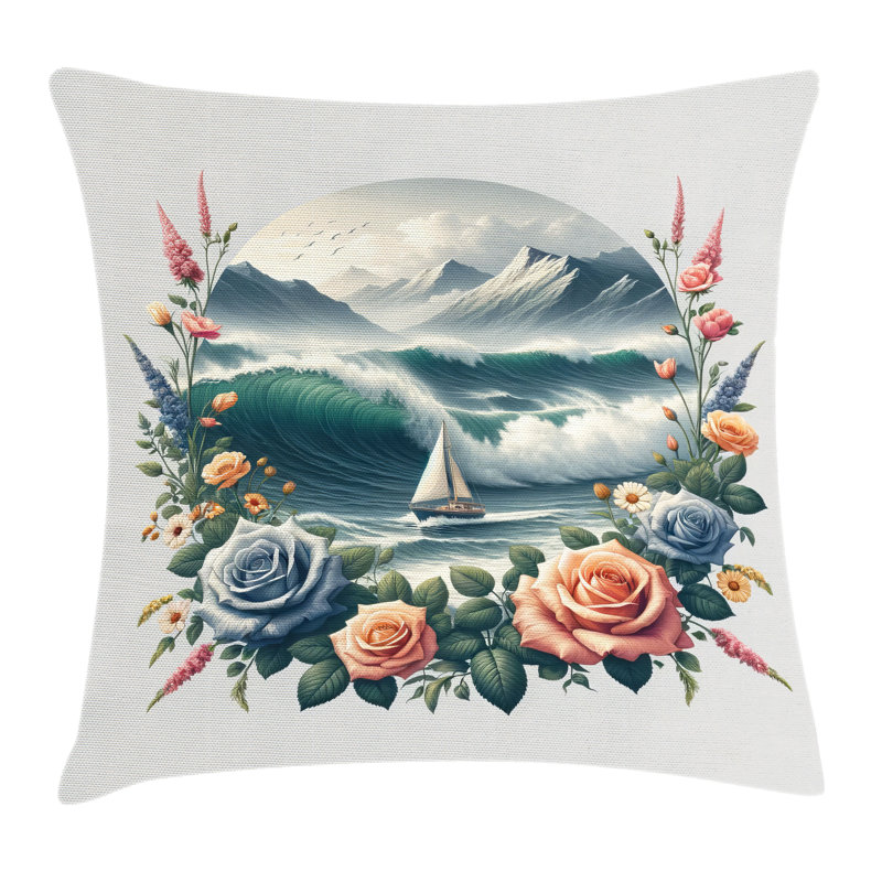 Teal Salmon and Slate Blue Floral Nautical Polyester Pillow Cover