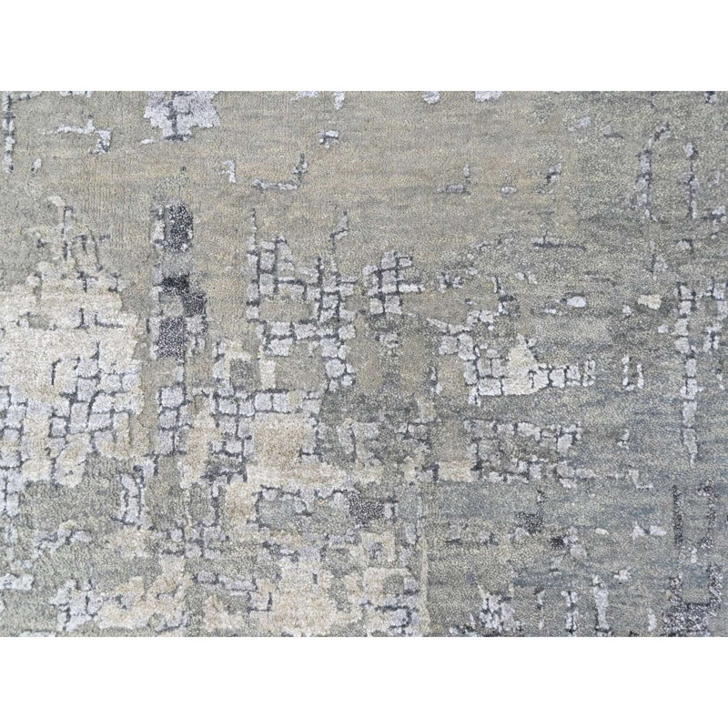 Tapis oriental 11 pi 10 po x 14 pi 9 po gris argenté, noué à la main, persan, en laine et en soie, tissé dense, abstrait à motif mosaïque, très grand, très grand