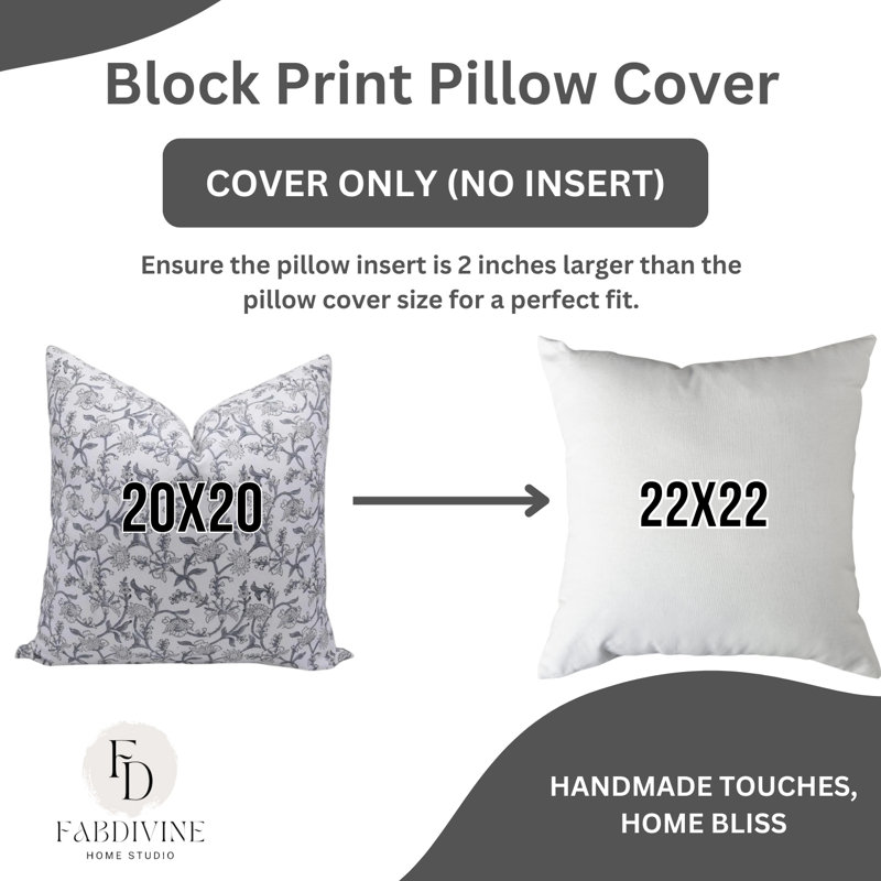 Housse de coussin décorative en coton à imprimé à la main pour canapé-lit - 22 x 22 pouces, 22 po x 22 po, Carré