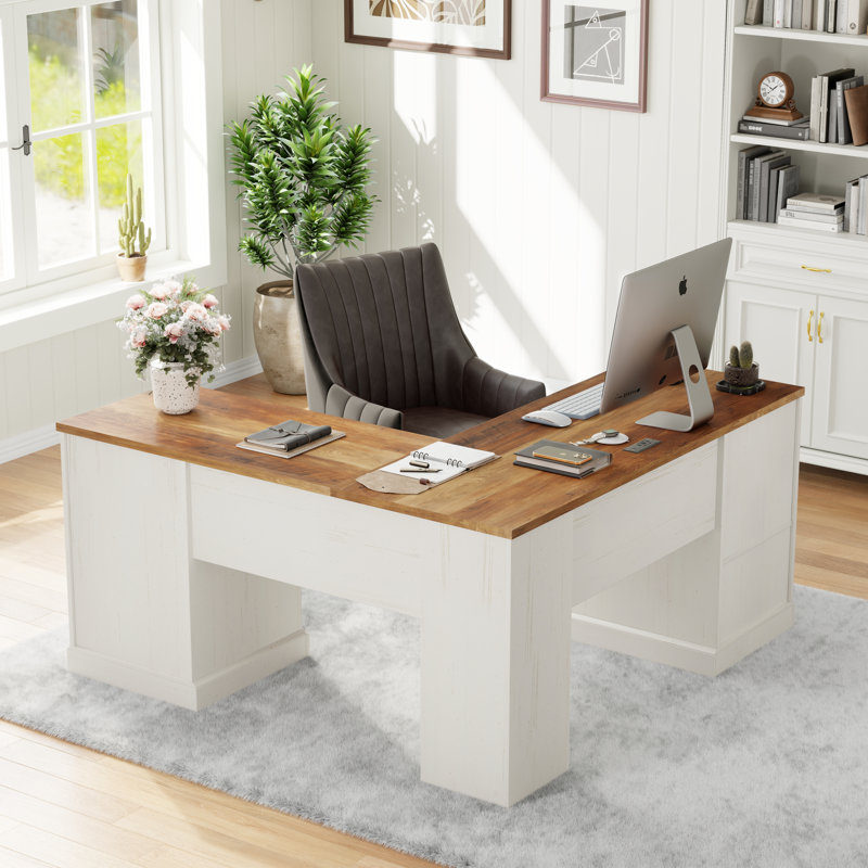60" Farmhouse L Shaped Executive Desk With Drawers,Wood Home Office Corner Desk With Charging Station, Brown/White