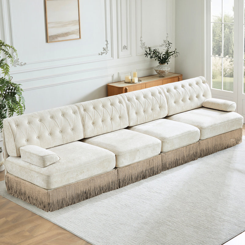 4 velours modulaire beige, capitonnage à boutons, jupe à pampille, assemblage simple, mousse haute confort