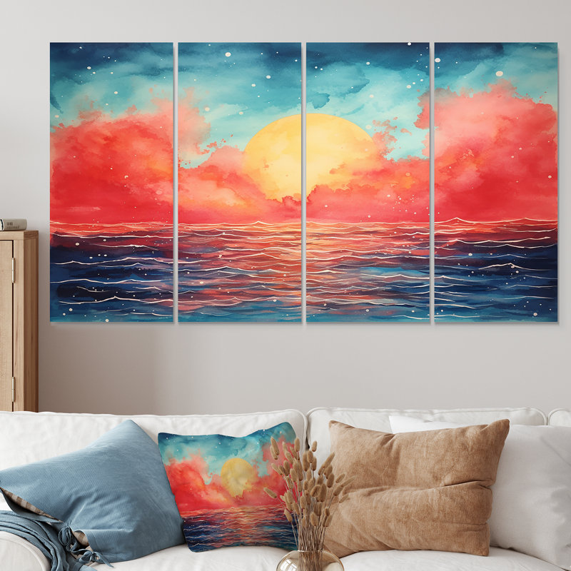 «Lake at Symphony Of Sunrise - Minimalisme abstrait», ensemble de 4 pièces d'art mural, H 28 po x l 48 po