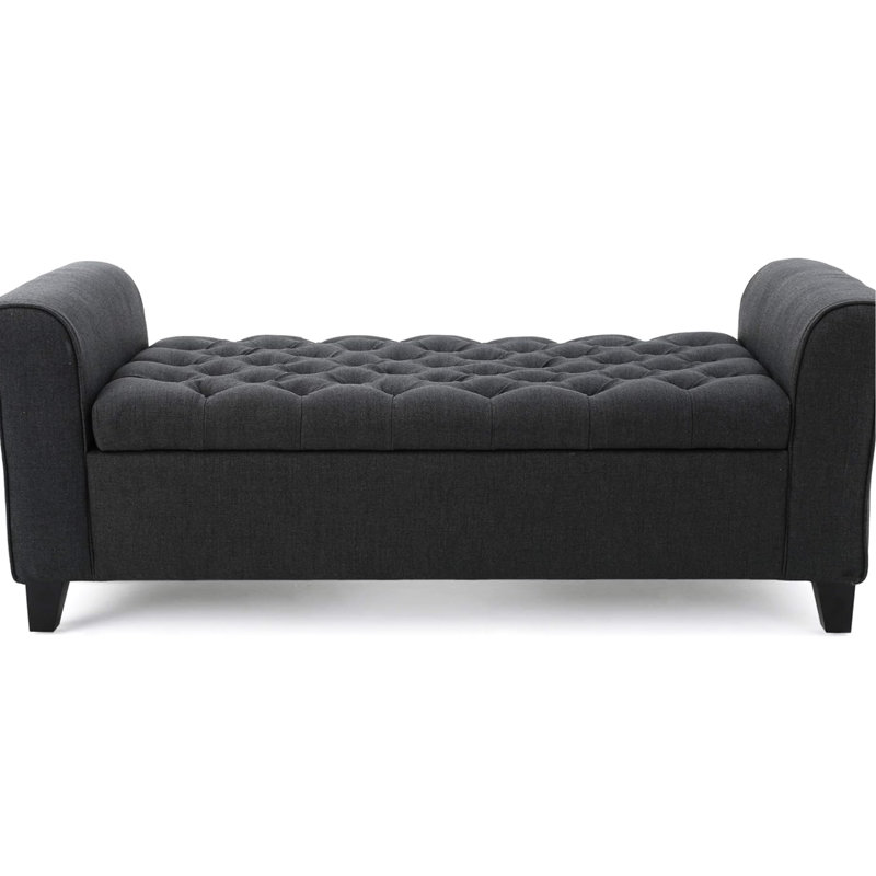 Banc de rangement contemporain avec accoudoirs en tissu gris foncé avec points de diamant et accoudoirs roulés, Dark Grey