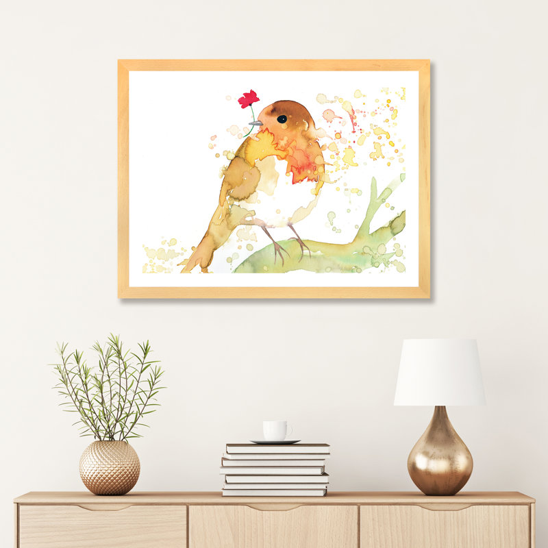 Robin avec coquelicot - reproduction d'art, H 24 po x l 32 po x P 1 po, Papier avec cadre beige, Blanc