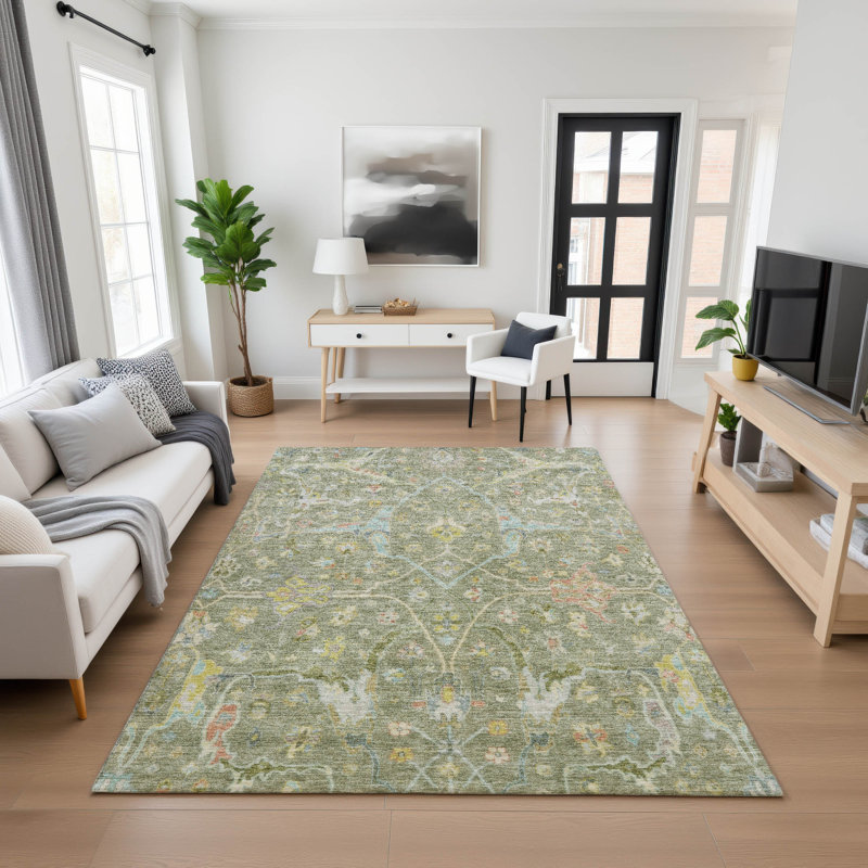 Premium Machine Washable Mayfield AMF2232 Global Rug, Aloe, 3' x 5'