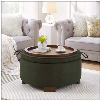 Repose-pieds rond avec couvercle réversible - Repose-pieds rembourré en tissu Boucle, compartiment de rangement caché, pieds en bois, siège double et table d'appoint