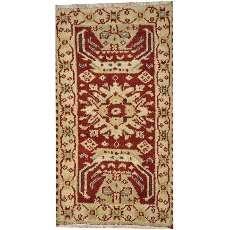 Tapis décoratif en laine de conception unique noué à la main rouge/Ivoire 2 pi 1 po x 4 pi 1 po