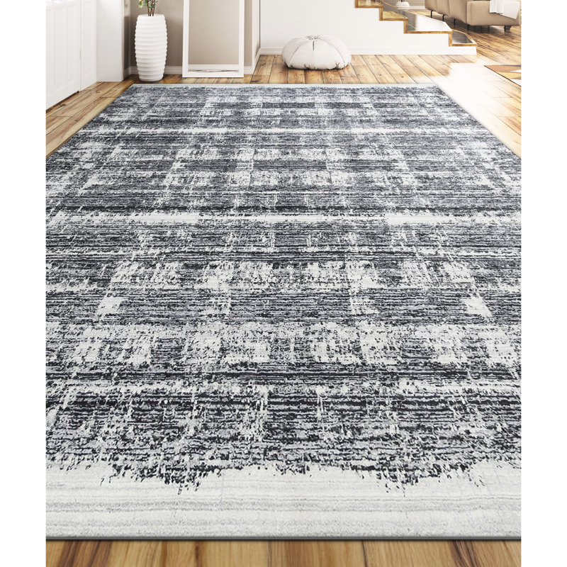 Tapis rectangulaire noir / blanc en laine / soie noué à la main, Rectangle 9 pi x 12 pi