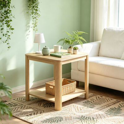Square 2-Tier Boho Side Table with Wave Legs Open Shelf