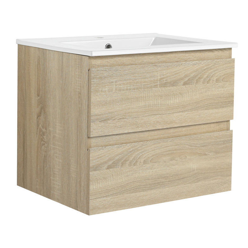 Meuble-lavabo mural moderne de 24 po, lavabo en céramique, 2 tiroirs à fermeture en douceur, lavabo en chêne