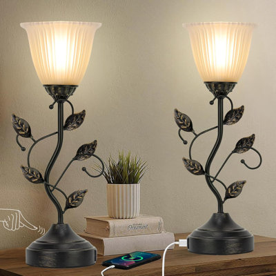 Set Of 2 Touch Lamps With USB A+C Charging Ports, Dimmable LED Bedside Table Lamps With Stripe Glass Shade And Metal Leaf Base For Bedroom Living Room