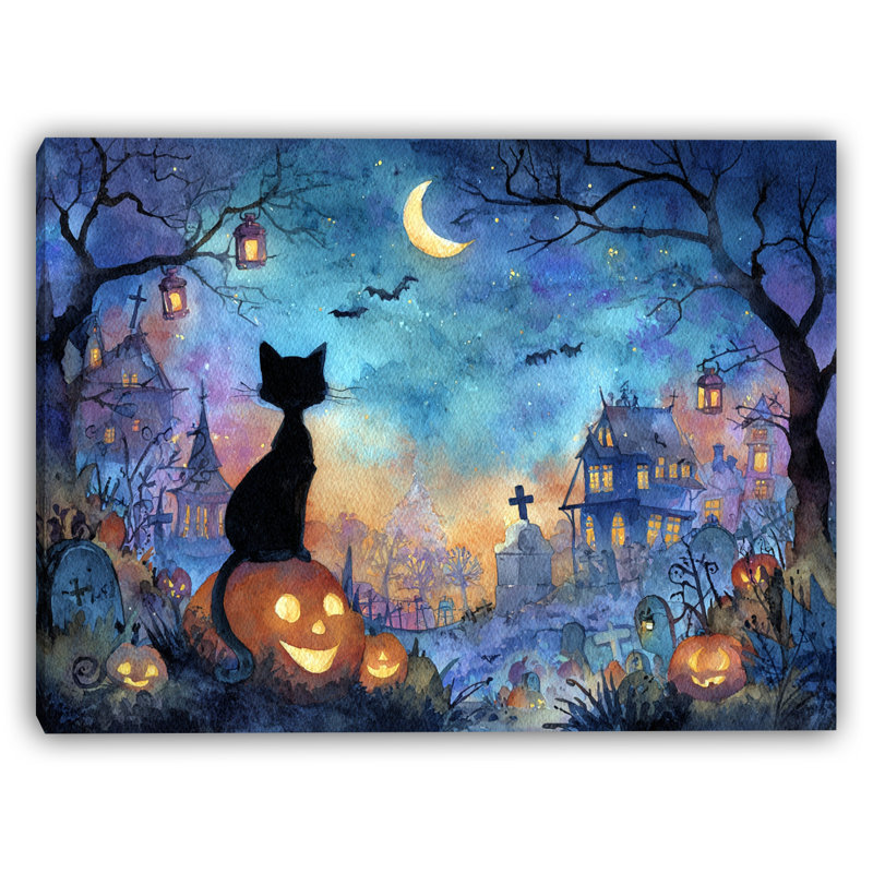 Lanterne et chat noir sur toile tendue, H 24 po x l 36 po