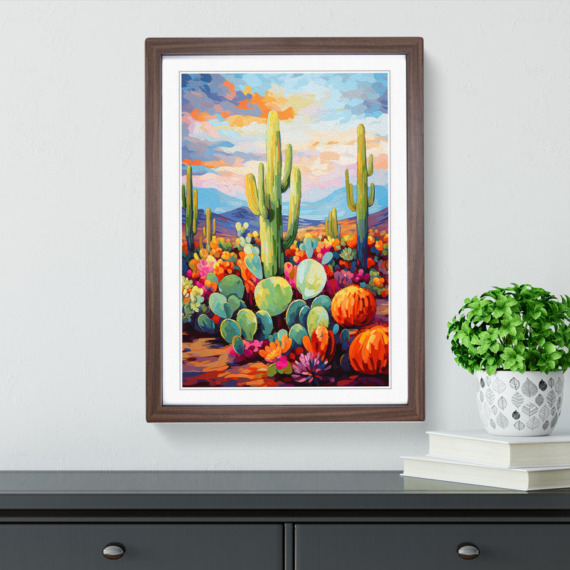 Cactus Impressionism Art - Framed Print, 64cm H x 46cm W x 2cm D, Walnut Framed
