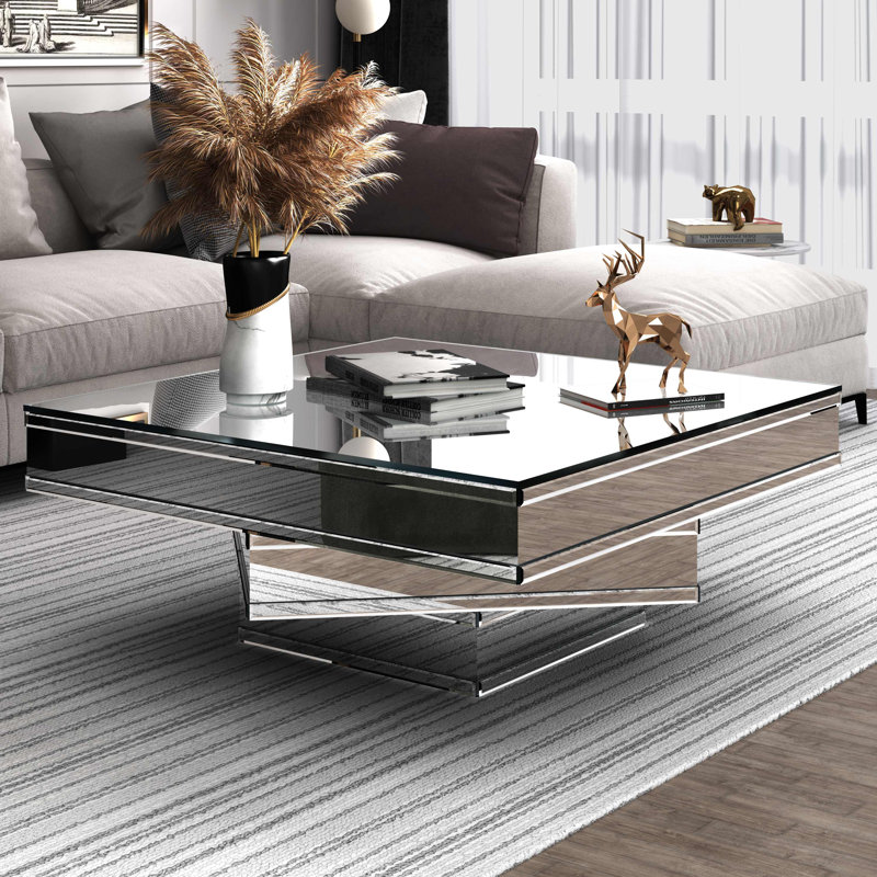 Modern Square High Gloss Statement Luxury Coffee Table Mirrored Glass Top