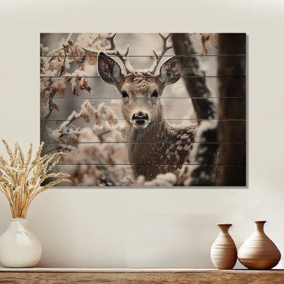 Cerf d'hiver, photographie monochrome I sur bois