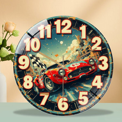Vintage Race Car Wall Clock Classic Sports Car Clock Art - 12'' Modern Glass Wall Clock