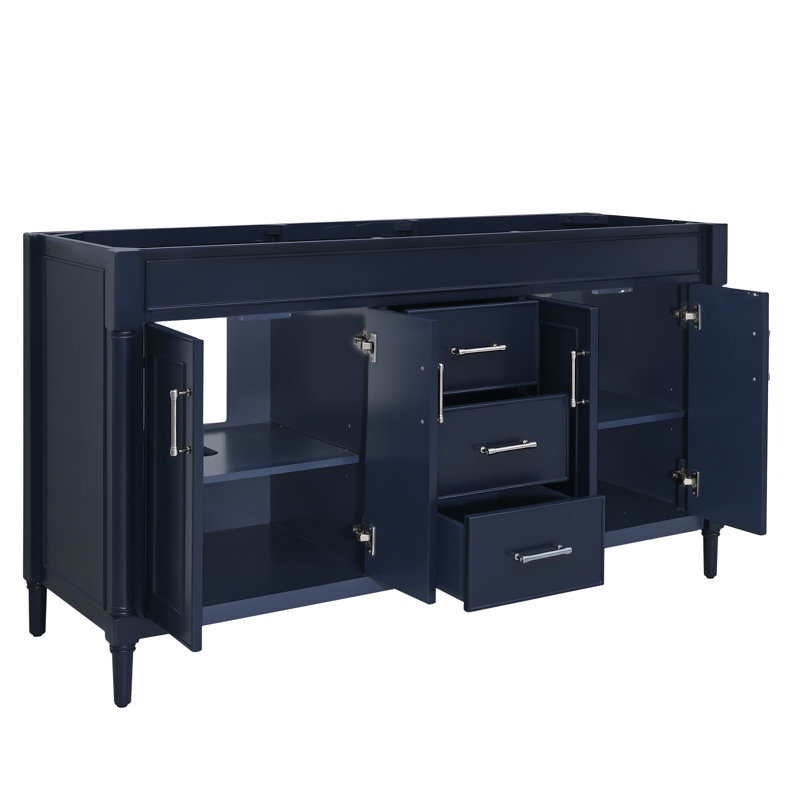Navy Blue 60" Double Bathroom Vanity Base with Brushed Nickel Hardware