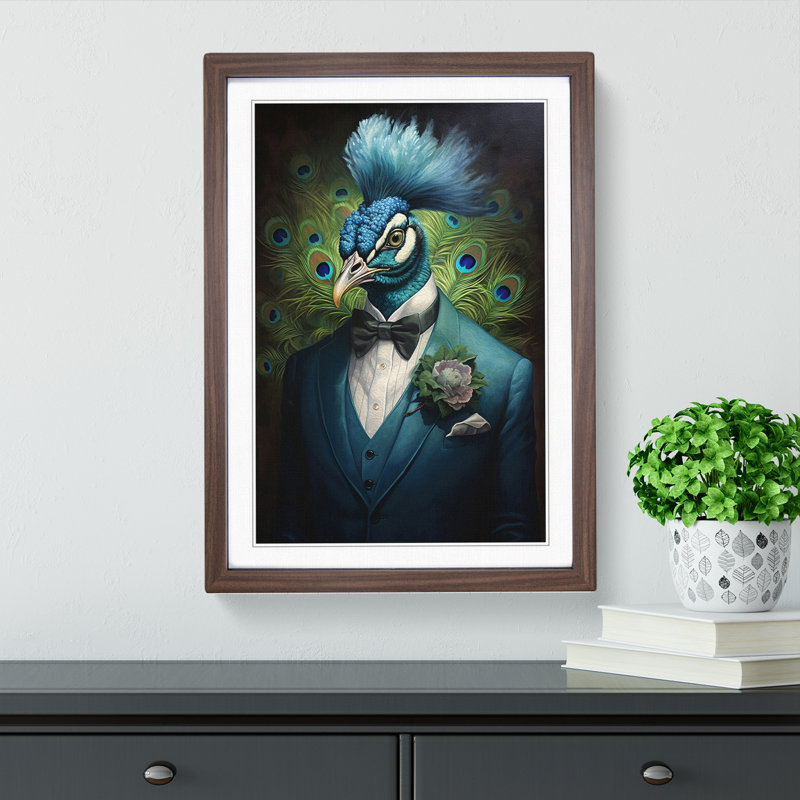 Peacock In A Suit Painting No.2 - Framed Print, Walnut Framed, 64cm H x 46cm W x 2cm D