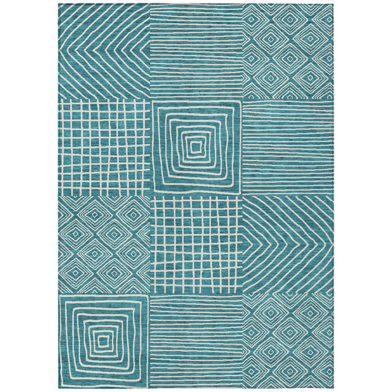 Teal Geometric Pattern Washable Synthetic Area Rug