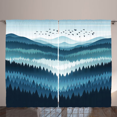 Ambesonne Curtains 2 Panel Set, Mountain Trees and Birds View, Teal and Sea Blue -  p_sd1638_108x84