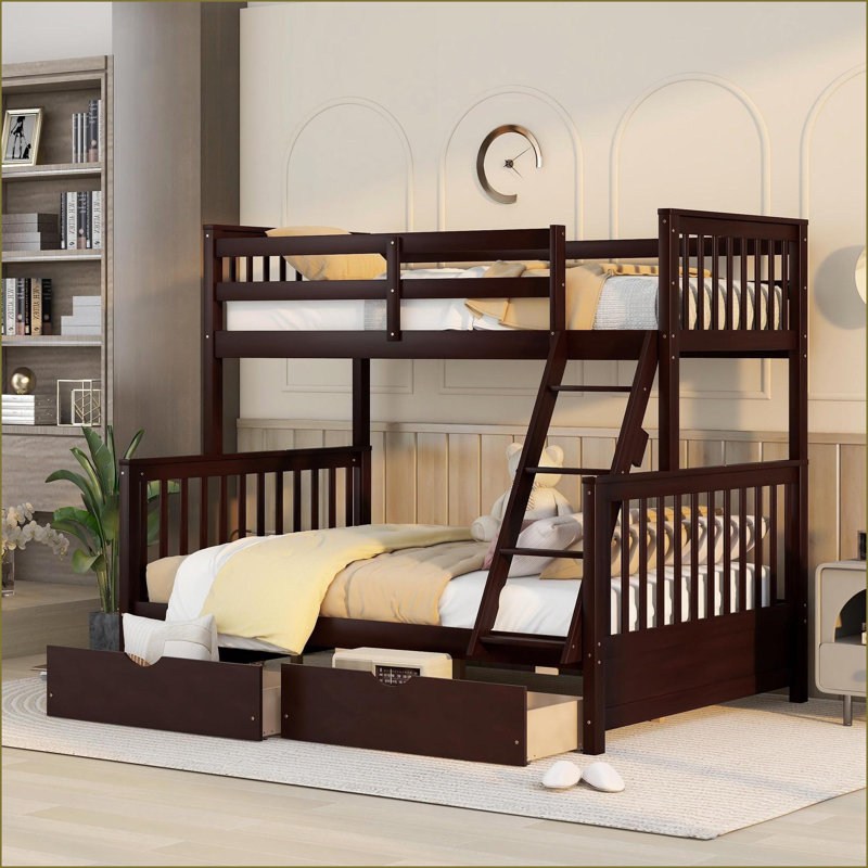 Lit superposé simple au dessus d'un lit double avec 2 tiroirs de rangement, structure en bois de pin, aucun sommier nécessaire, finition espresso