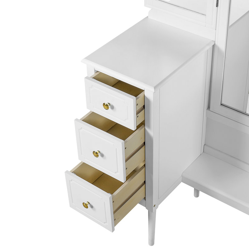 Antique Makeup Vanity Desk with Triple Mirror, 6-Drawer Dressing Table Set Including Stool, Full Length Mirror for Bedroom Dressing Room, White 