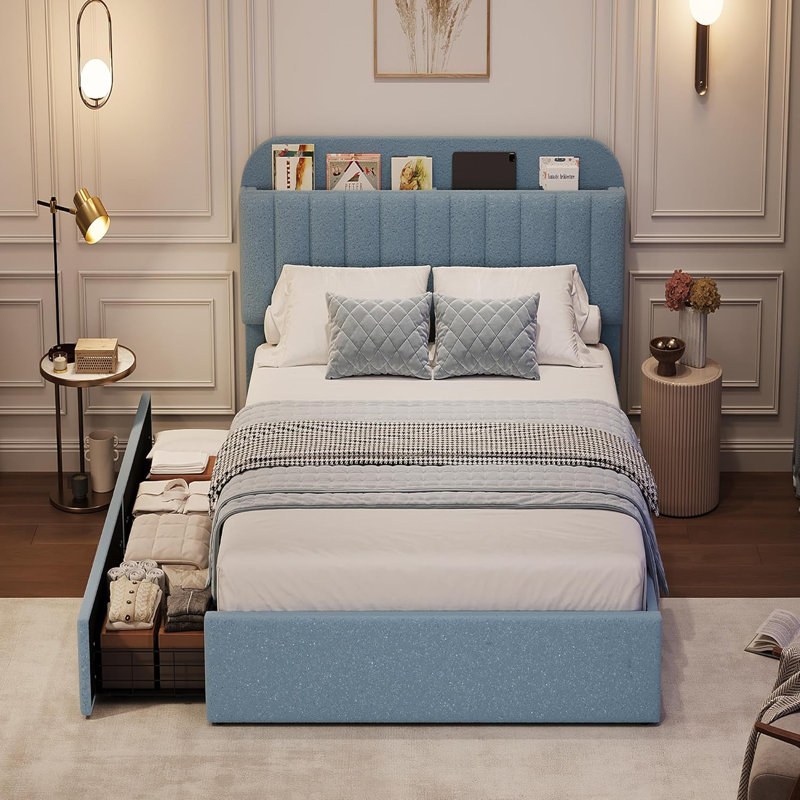 Cadre de lit avec tête de lit avec rangement, cadre de lit avec 2 tiroirs, Gris, Lit simple
