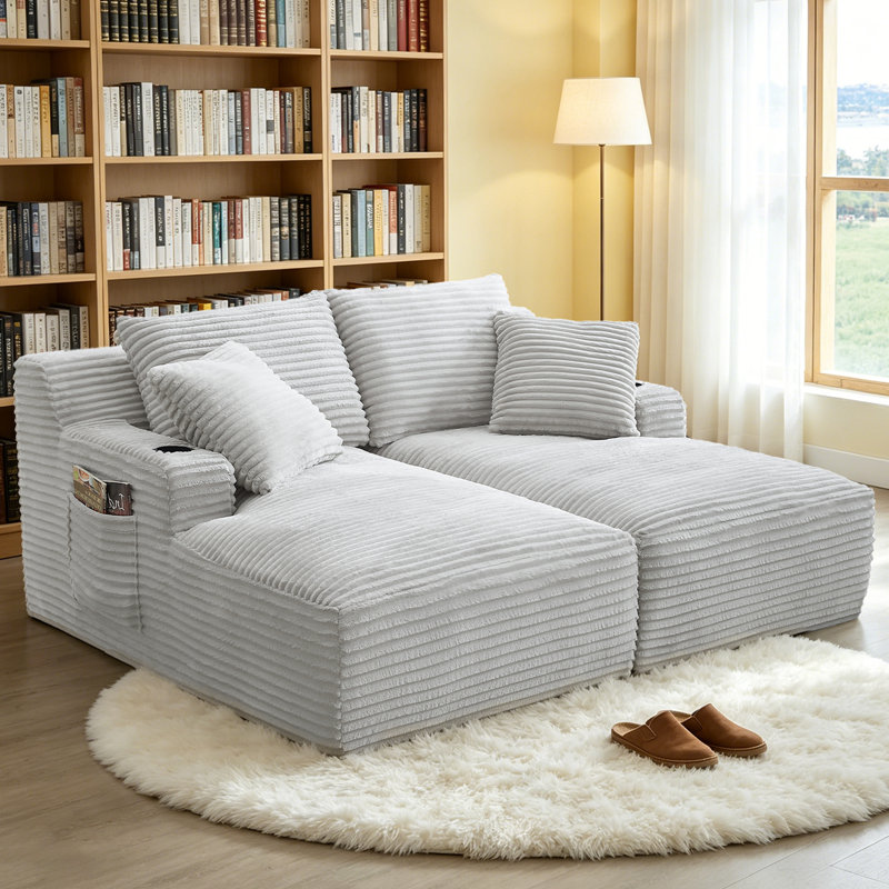 Masir Boneless Sleeper Couch,Double Chaises Lounge With Pillows, Could Plush Corduroy, White
