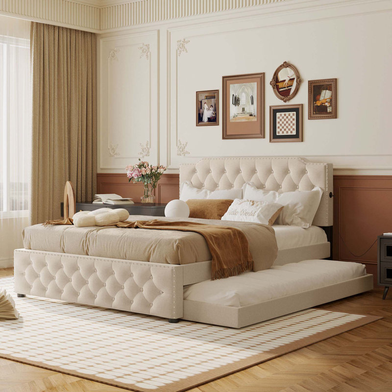 Lit plateforme avec lit gigogne et 2 ensembles de ports USB, Beige
