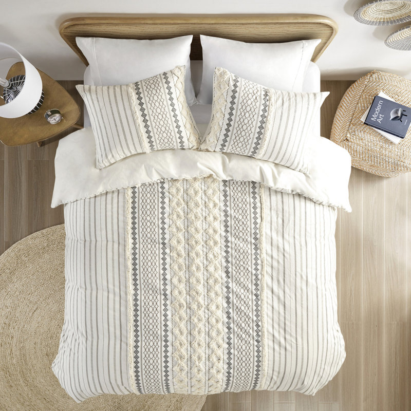 Housse de couette très grand en coton avec chenille - motifs géométriques multicolores, fermeture à boutons, motifs de décor de chambre à coucher, taies décoratives à chevauchement, doux et confortable