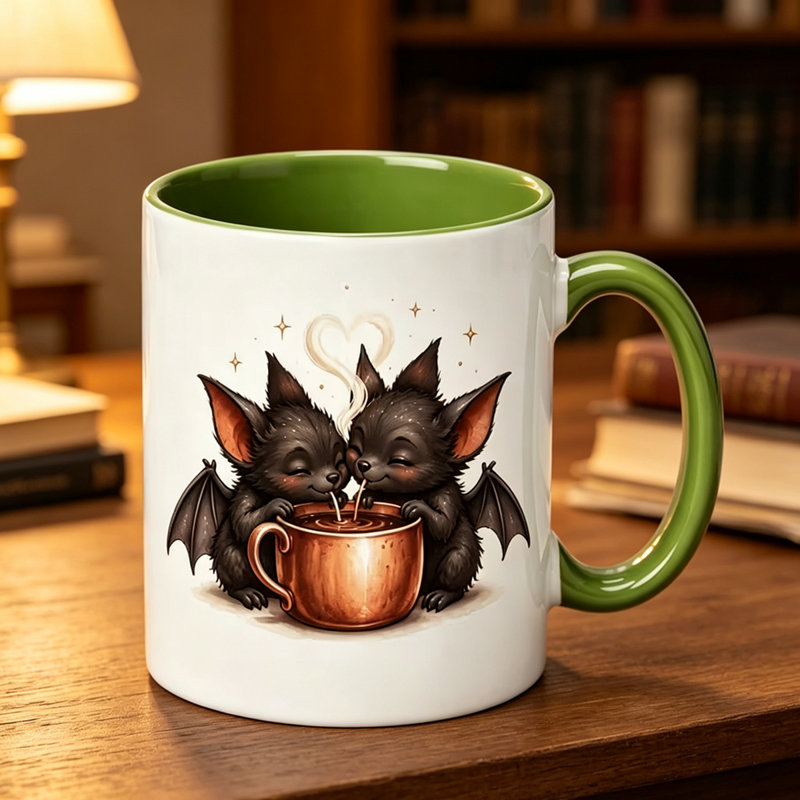 1pc Couple's Bat-themed Color-blocked Mug, Featuring Two Cute Little Black Bats Drinking.
