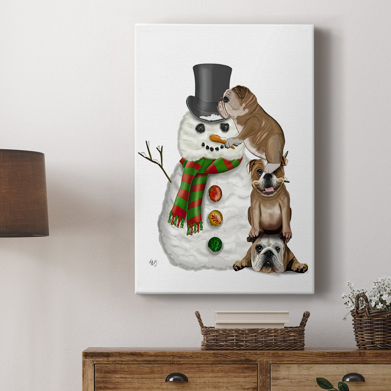 Bouledogue anglais de Noël - bonhomme de neige - galerie sur mesure, H 36 po x l 24 po