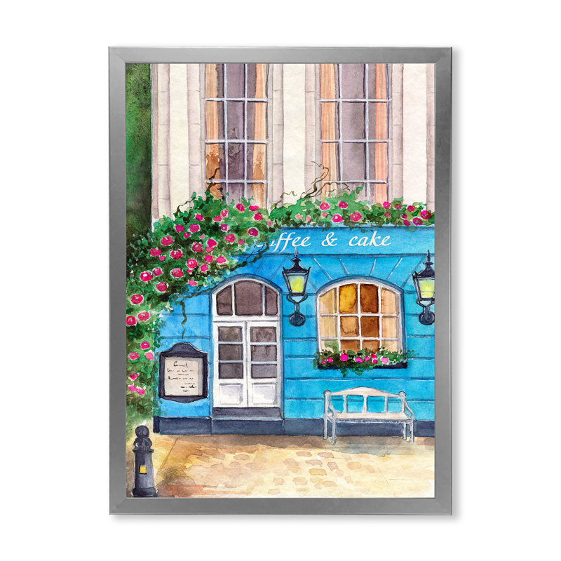 Cozy Blue Coffee Shop - Peinture sur toile, H 40 po x l 30 po, Cadre photo argenté
