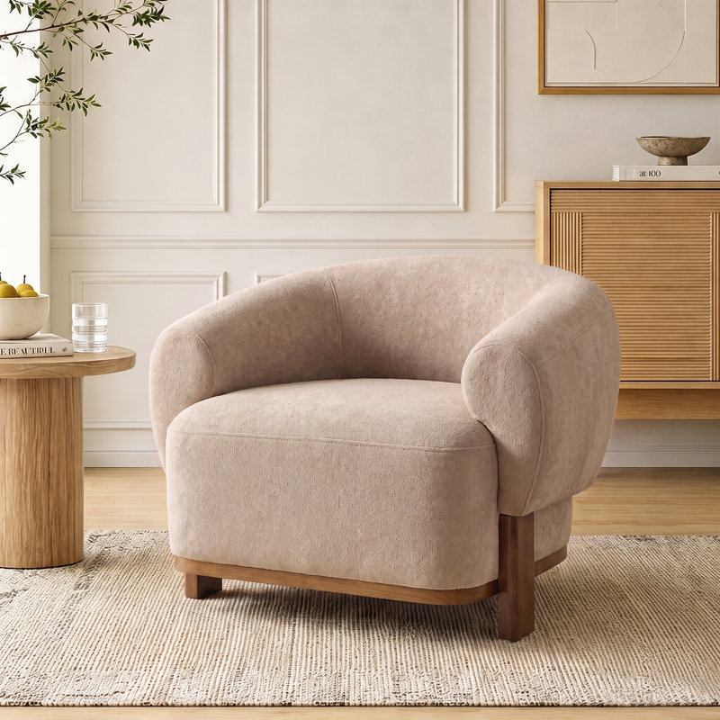 Chaise d'appoint rembourrée moderne avec pieds en bois massif, fauteuil en tonneau en tissu pour salon, chambre à coucher