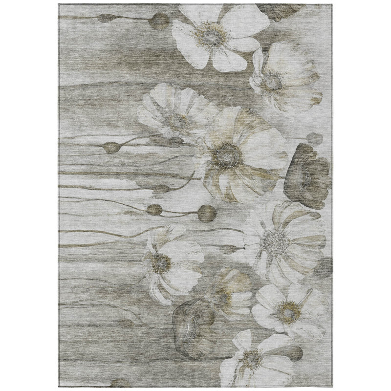 Tapis extérieur lavable floral taupe 8 pi x 10 pi ivoire et brun clair