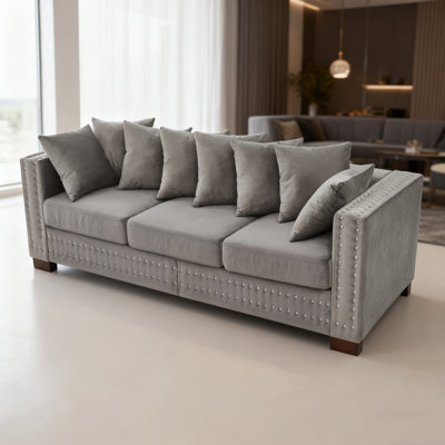 Modern Design Living Room Sofa Square Armrest With Silver Nails Decoration Upholstered Velvet Couch Grey