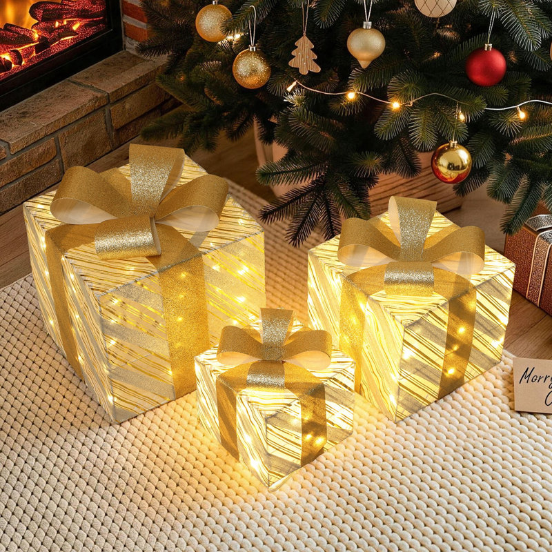 Coffrets-cadeaux rayés or et argent (3 pièces) avec nœuds à paillettes, décoration extérieure lumineuse pour les fêtes