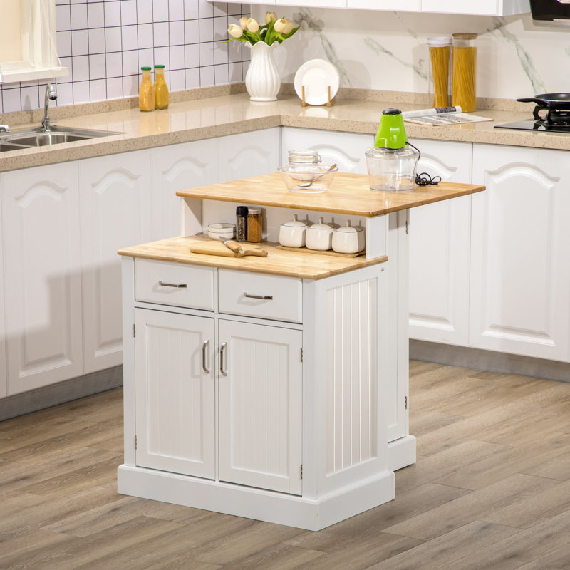Kitchen Island With Storage Cabinet And 2-Level Rubber Wood Tabletop, Island Table With Adjustable Shelves And Drawers