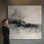 Impression sur tissu grand format - Design abstrait minimaliste noir, gris et beige pour salon ou chambre - « Assemblage du cadre requis (cadre non fini) »-135869831