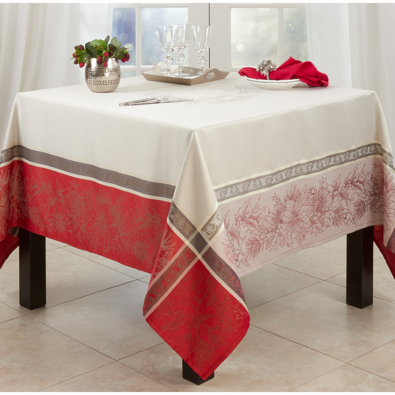 Red Jacquard Christmas Tablecloth with Plaid Pattern, 72"